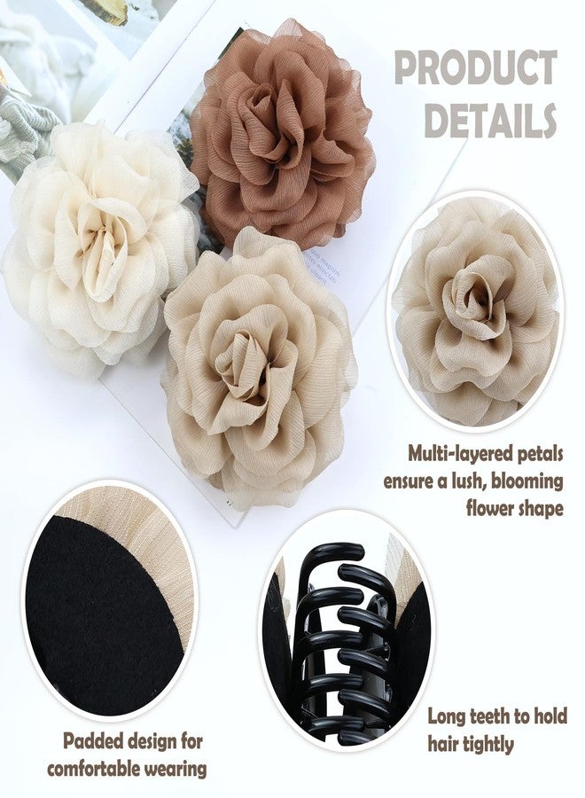 Dizila 3 Pieces Large Tulle Rose Flower Hair Claws Clips Floral Bun Updo Holders Hair Barrettes Headpieces for Women Girls (Ivory+Khaki+Brown) - Image 3